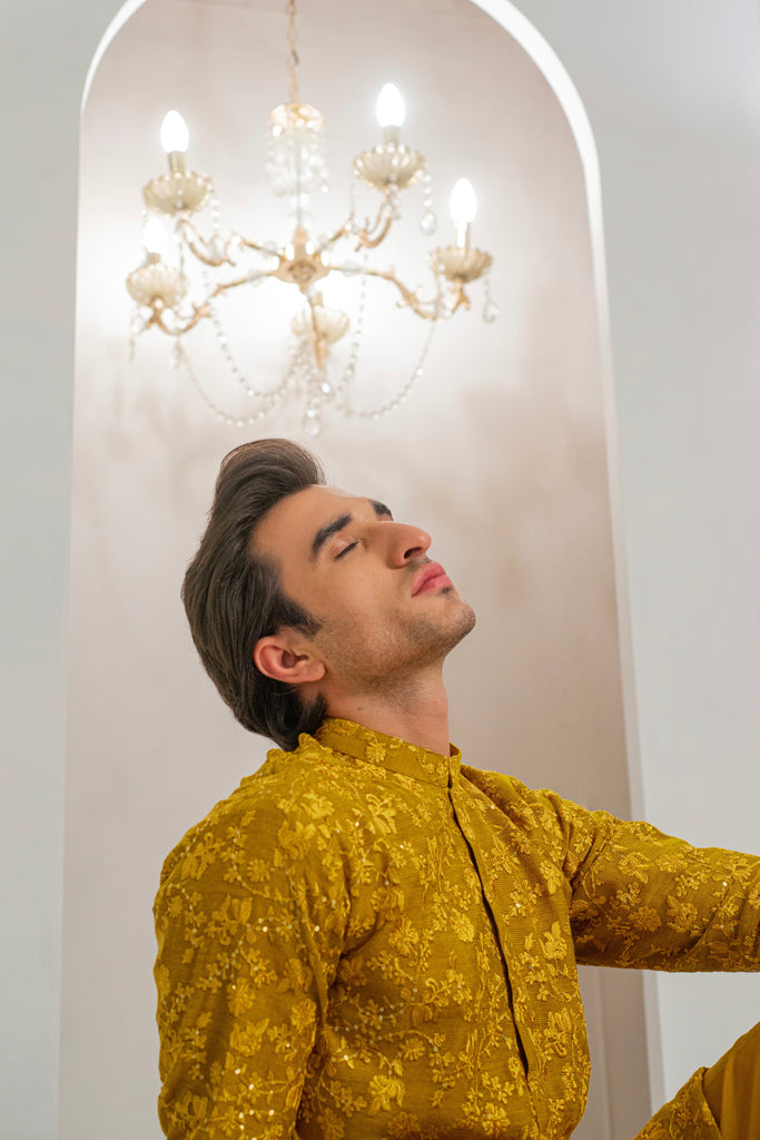 Yellow Embroidered Kurta With Bell Bottom Pajama For Men's