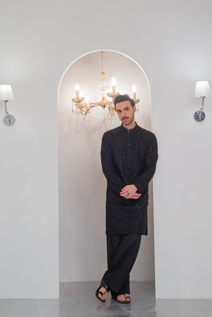 Black Embroidered Kurta With Bell Bottom Pajama For Men's