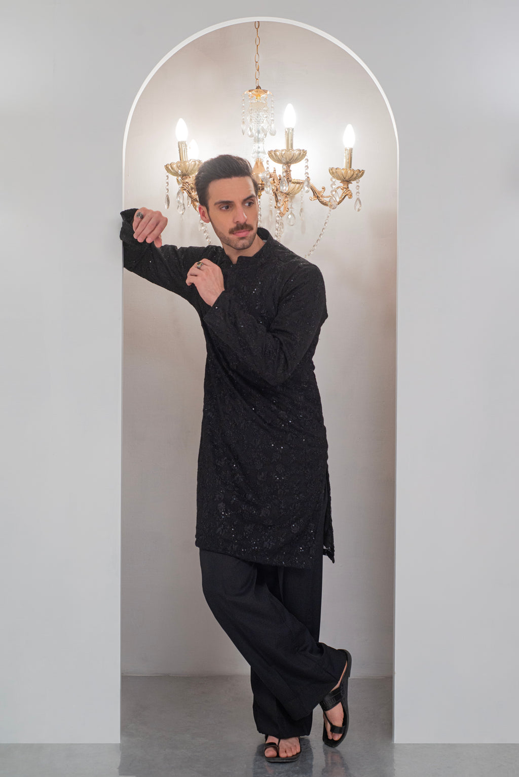 Black Embroidered Kurta With Bell Bottom Pajama For Men's