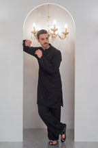 Black Embroidered Kurta With Bell Bottom Pajama For Men's