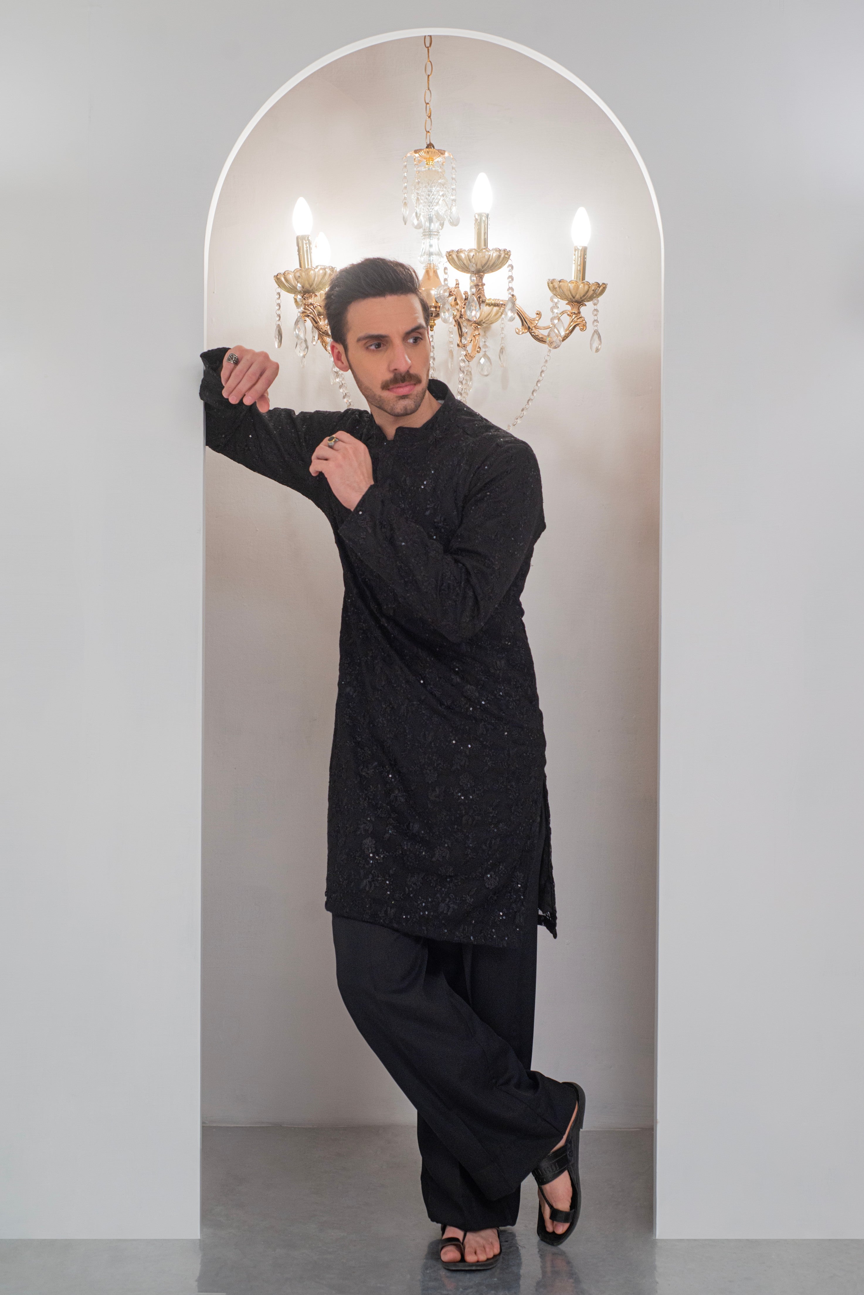 Black Embroidered Kurta With Bell Bottom Pajama For Men's