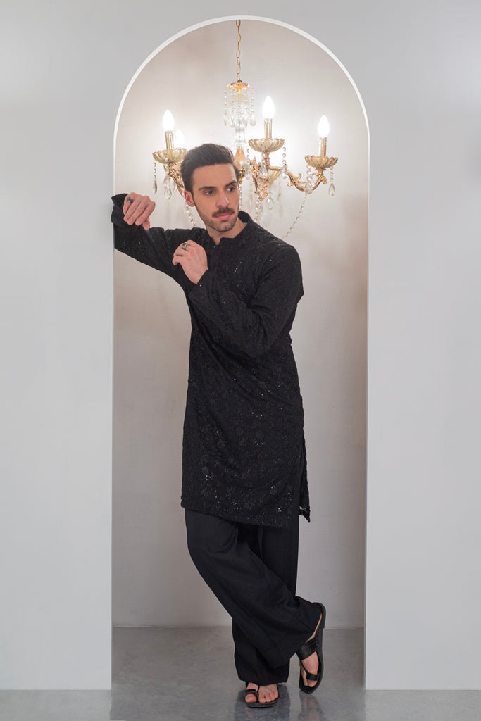 Black Embroidered Kurta With Bell Bottom Pajama For Men's