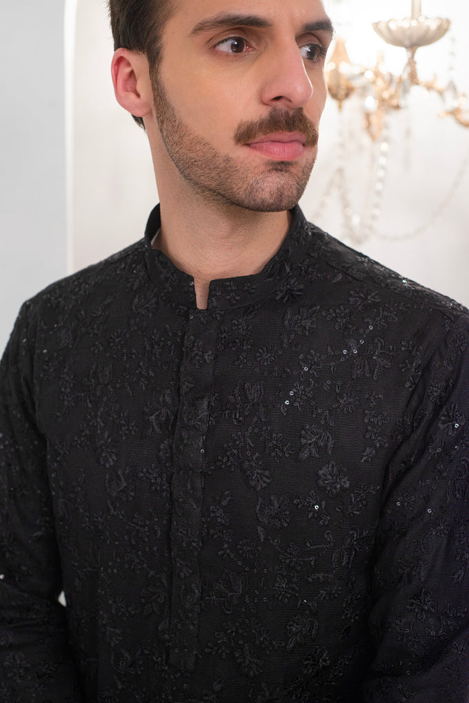 Black Embroidered Kurta With Bell Bottom Pajama For Men's
