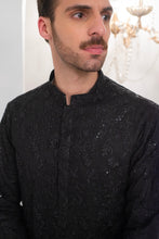 Load image into Gallery viewer, Black Embroidered Kurta With Bell Bottom Pajama For Men's