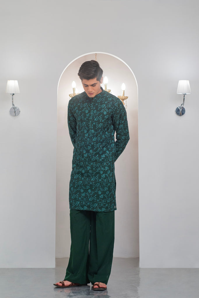 Green Embroidered Kurta With Bell Bottom Pajama For Men's