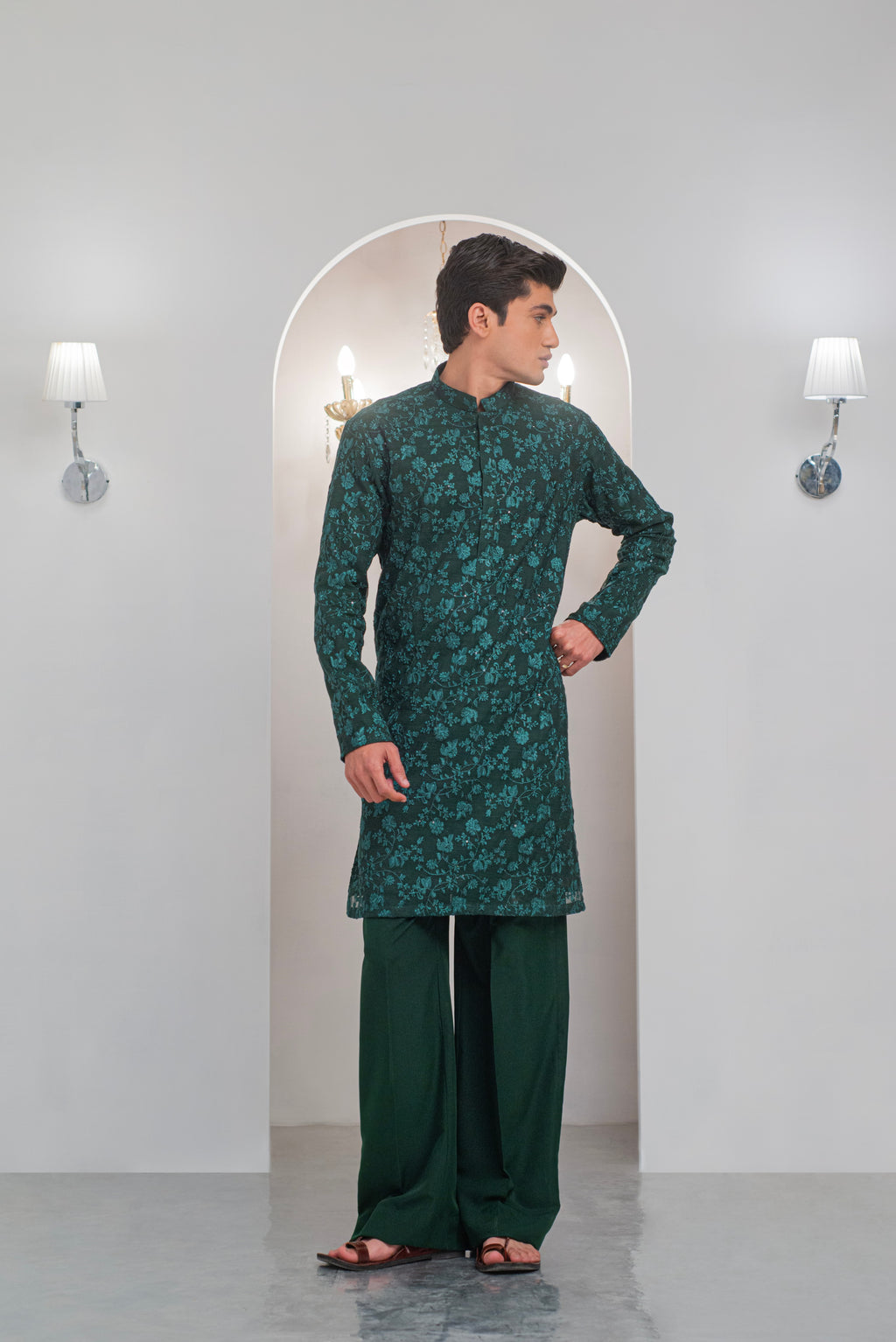 Green Embroidered Kurta With Bell Bottom Pajama For Men's