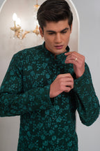 Green Embroidered Kurta With Bell Bottom Pajama For Men's