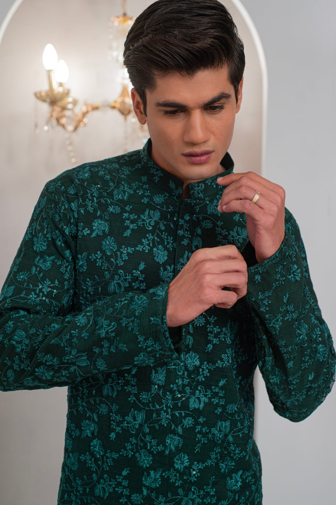 Green Embroidered Kurta With Bell Bottom Pajama For Men's