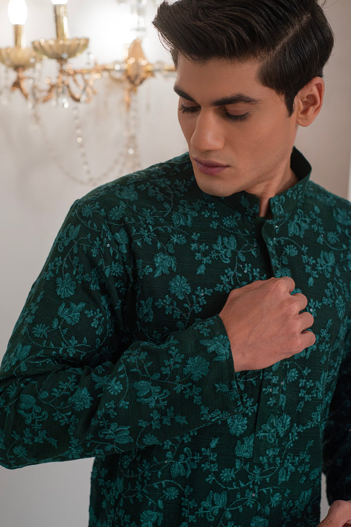 Green Embroidered Kurta With Bell Bottom Pajama For Men's