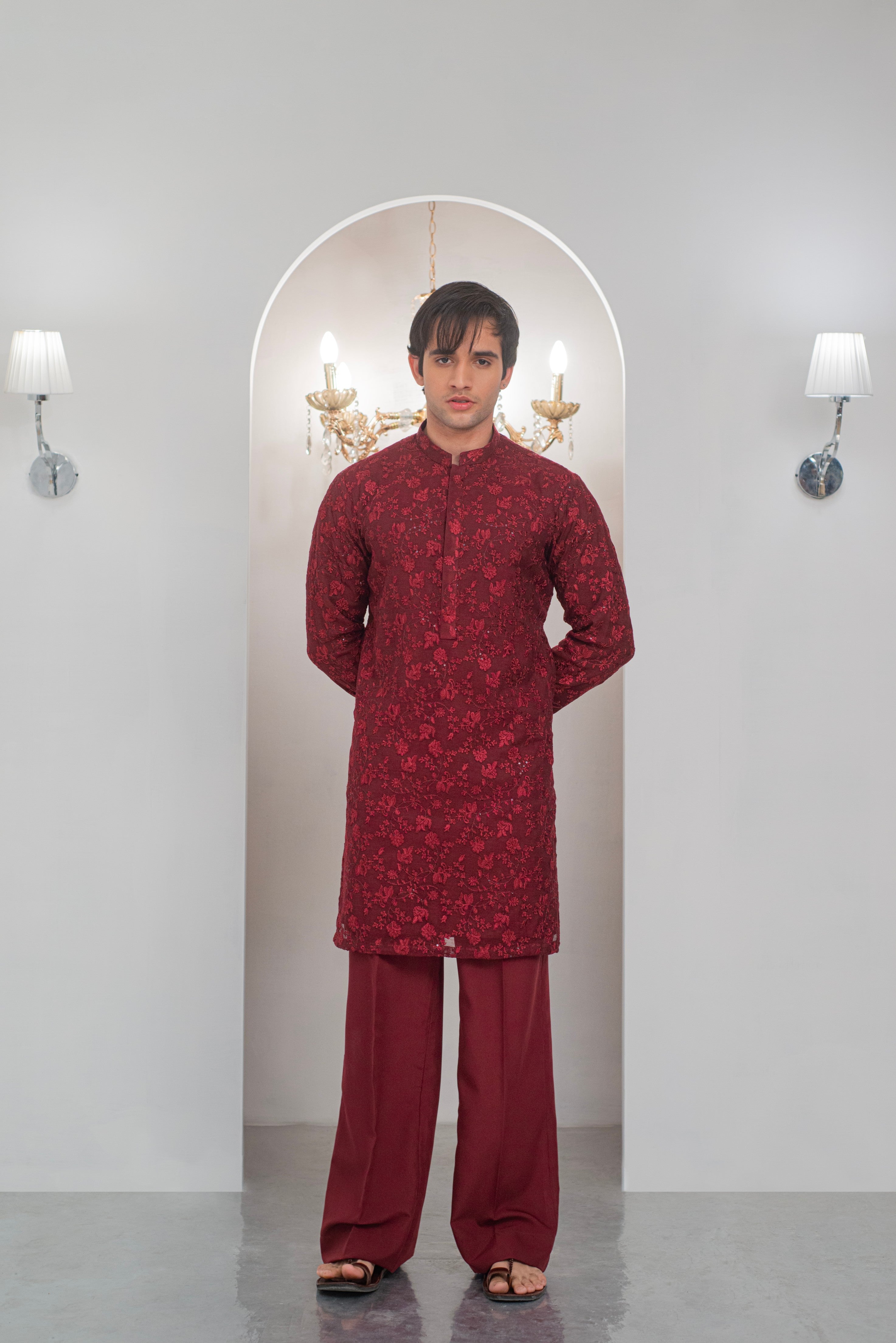Maroon Embroidered Kurta With Bell Bottom Pajama For Men's Main image
