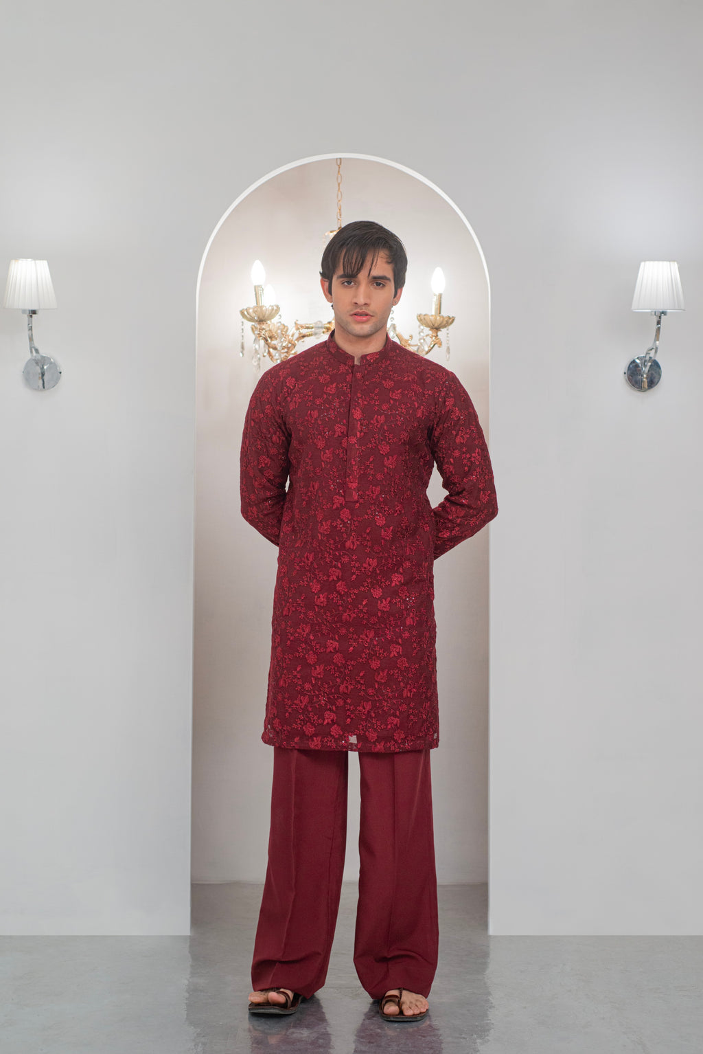 Maroon Embroidered Kurta With Bell Bottom Pajama For Men's