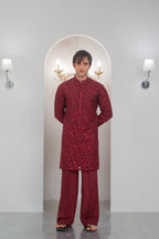 Maroon Embroidered Kurta With Bell Bottom Pajama For Men's