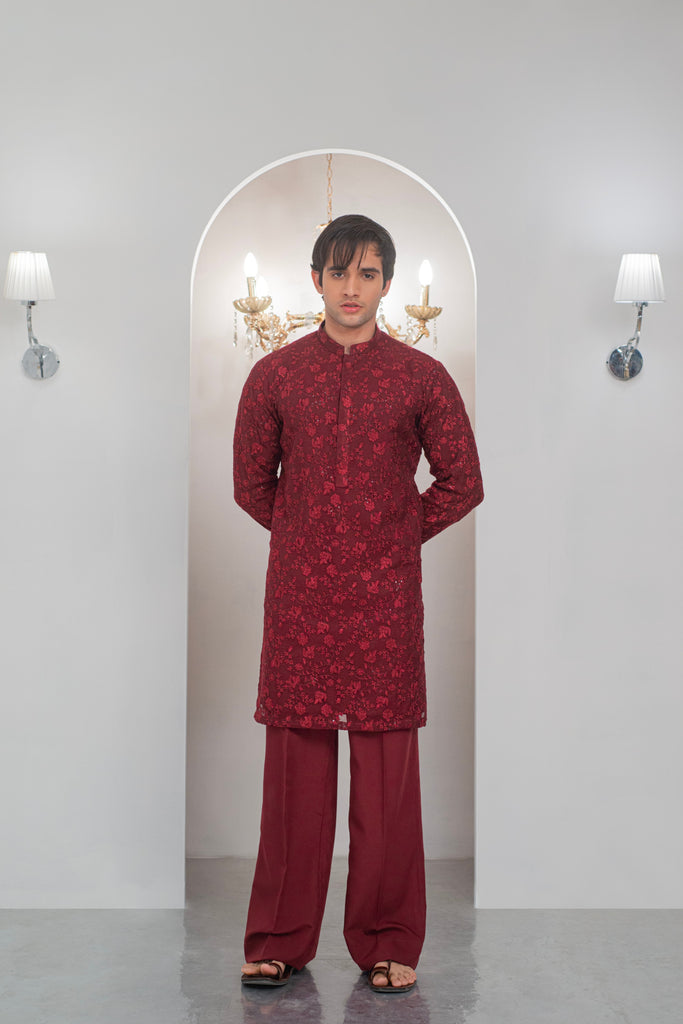 Maroon Embroidered Kurta With Bell Bottom Pajama For Men's