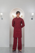 Load image into Gallery viewer, Maroon Embroidered Kurta With Bell Bottom Pajama For Men's