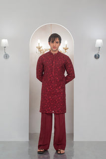 Maroon Embroidered Kurta With Bell Bottom Pajama For Men's