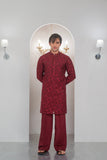 Maroon Embroidered Kurta With Bell Bottom Pajama For Men's