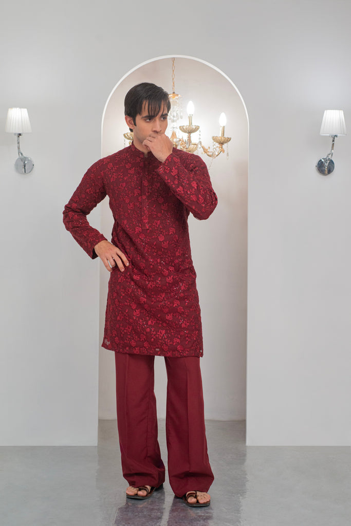 Maroon Embroidered Kurta With Bell Bottom Pajama For Men's