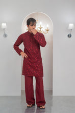 Load image into Gallery viewer, Maroon Embroidered Kurta With Bell Bottom Pajama For Men's
