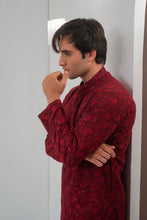 Load image into Gallery viewer, Maroon Embroidered Kurta With Bell Bottom Pajama For Men's