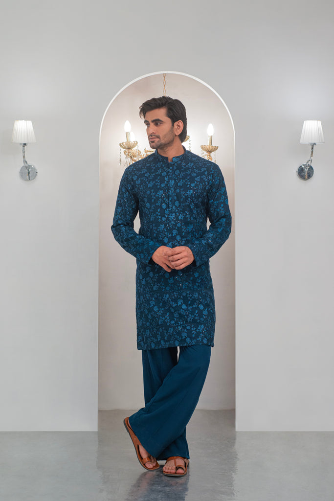 Till Blue Embroidered Kurta With Bell Bottom Pajama For Men's