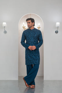 Till Blue Embroidered Kurta With Bell Bottom Pajama For Men's