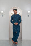 Till Blue Embroidered Kurta With Bell Bottom Pajama For Men's
