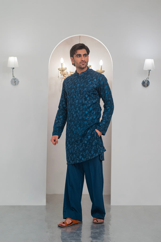 Till Blue Embroidered Kurta With Bell Bottom Pajama For Men's