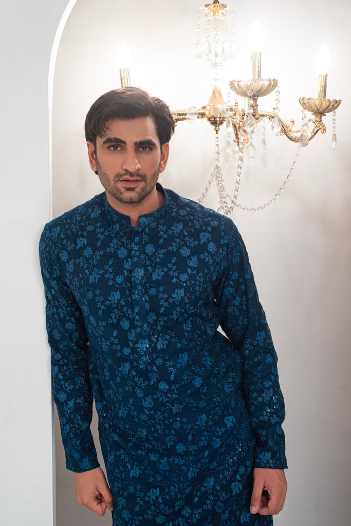 Till Blue Embroidered Kurta With Bell Bottom Pajama For Men's