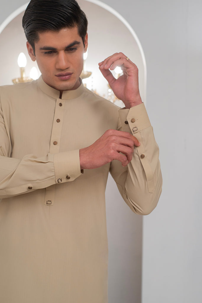 Beige Kurta With Bell Bottom Pajama For Men's