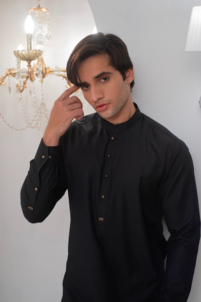 Black Kurta With Bell Bottom Pajama For Men's