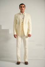 Cream Embroidery Tuxedo Coat Pant & Waistcoat For Men's