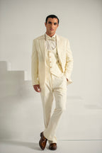 Cream Embroidery Tuxedo Coat Pant & Waistcoat For Men's