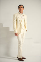 Cream Embroidery Tuxedo Coat Pant & Waistcoat For Men's