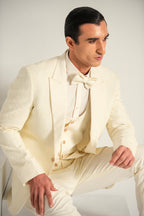Cream Embroidery Tuxedo Coat Pant & Waistcoat For Men's