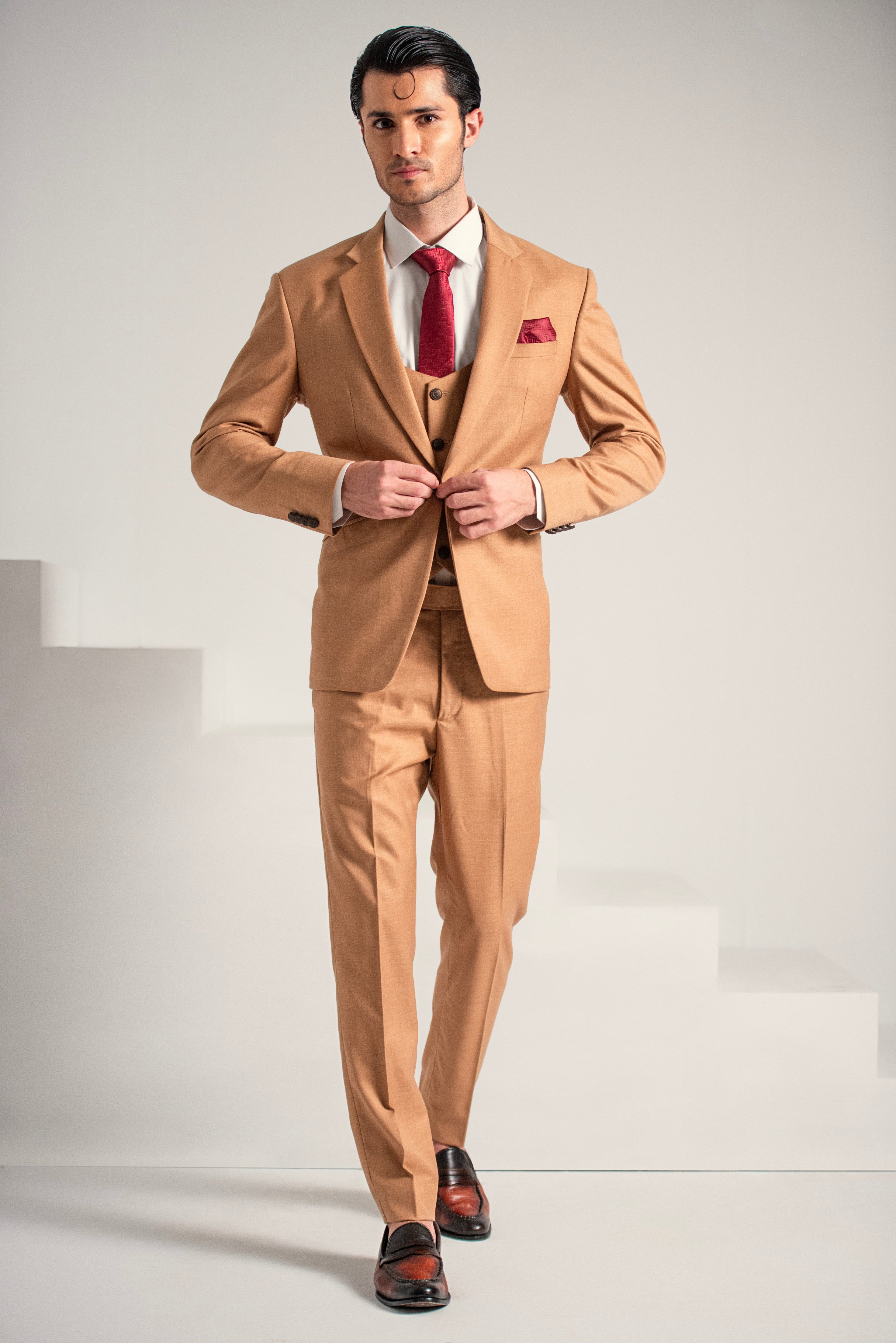 Rust Gold Elegant Coat Pant &  Waistcoat For Men's Main image