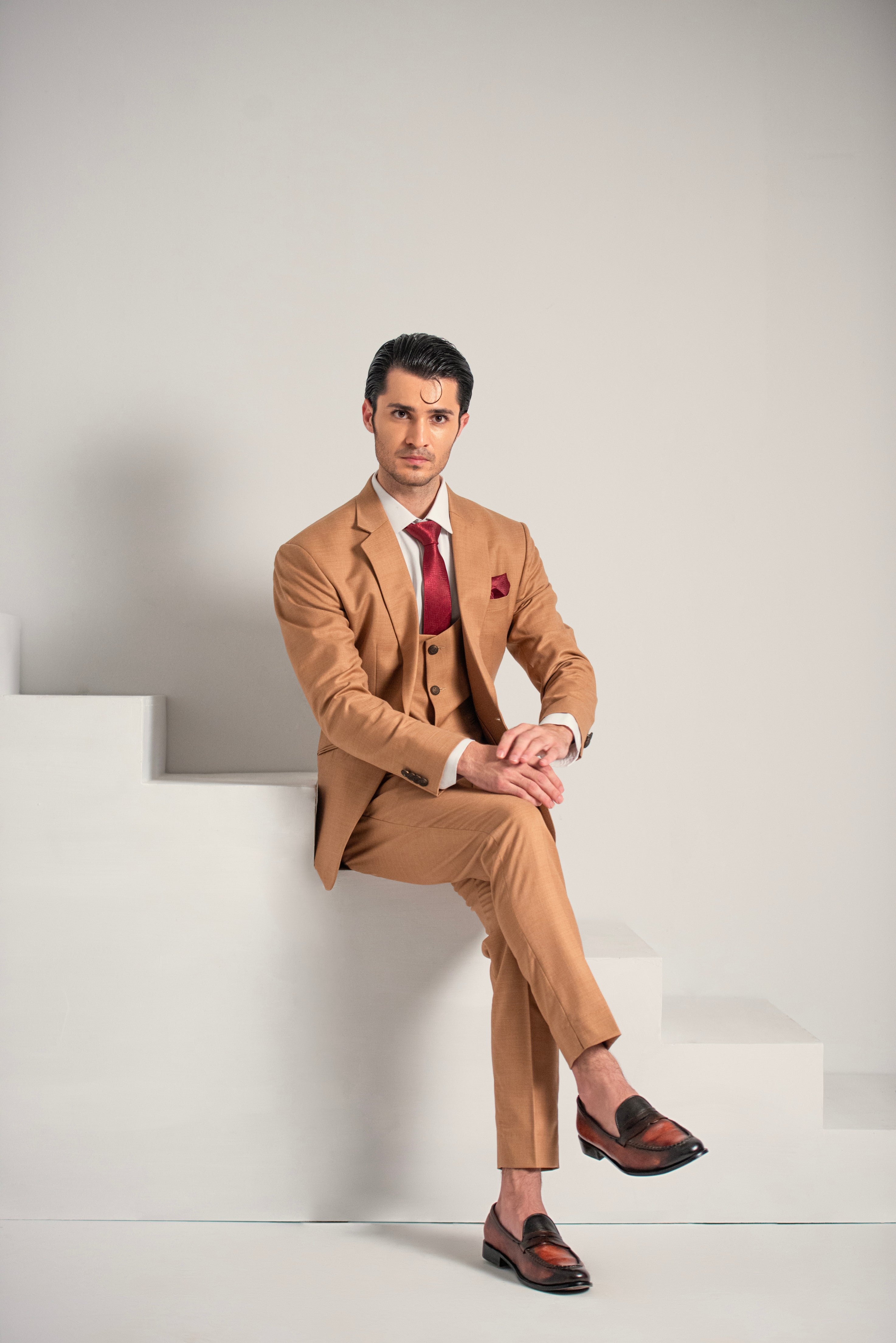 Rust Gold Elegant Coat Pant &  Waistcoat For Men's