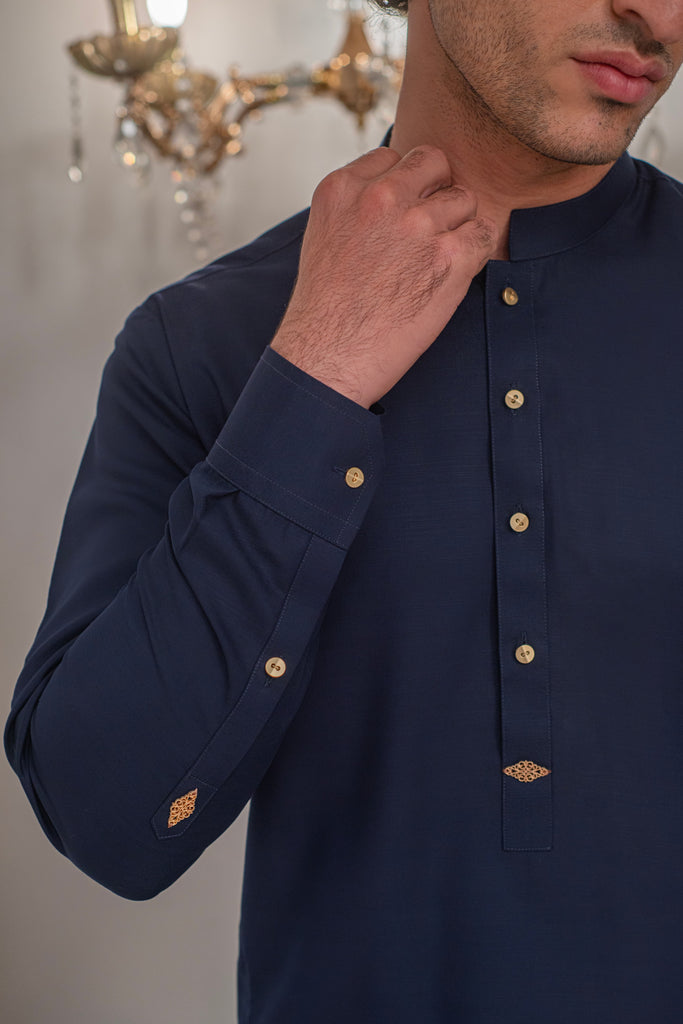 Navy Blue Kurta With Bell Bottom Pajama For Men's