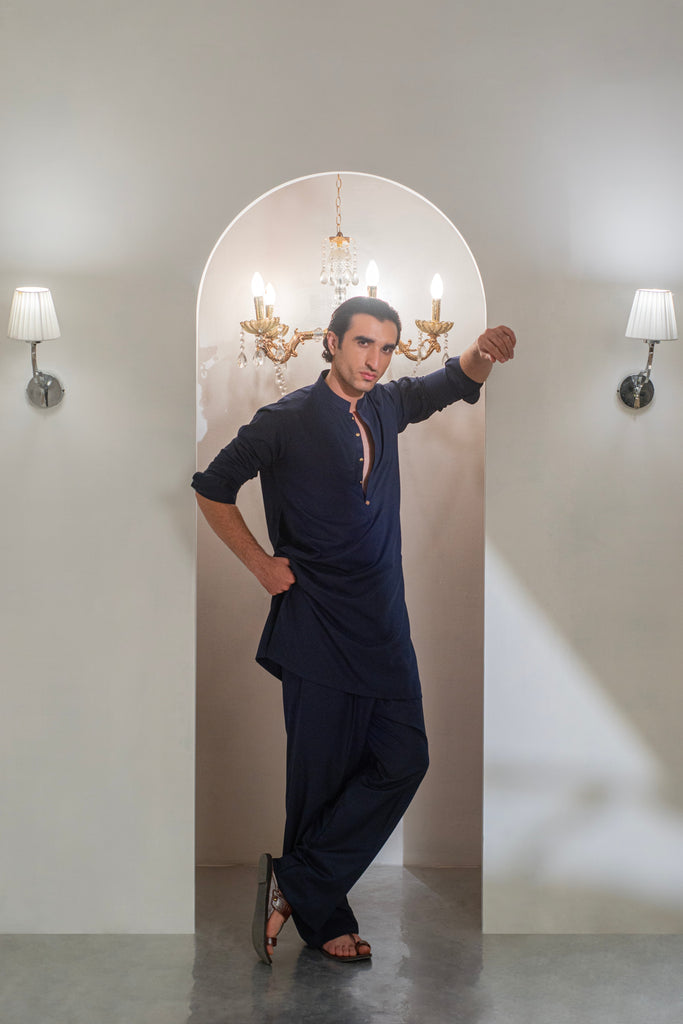 Navy Blue Kurta With Bell Bottom Pajama For Men's