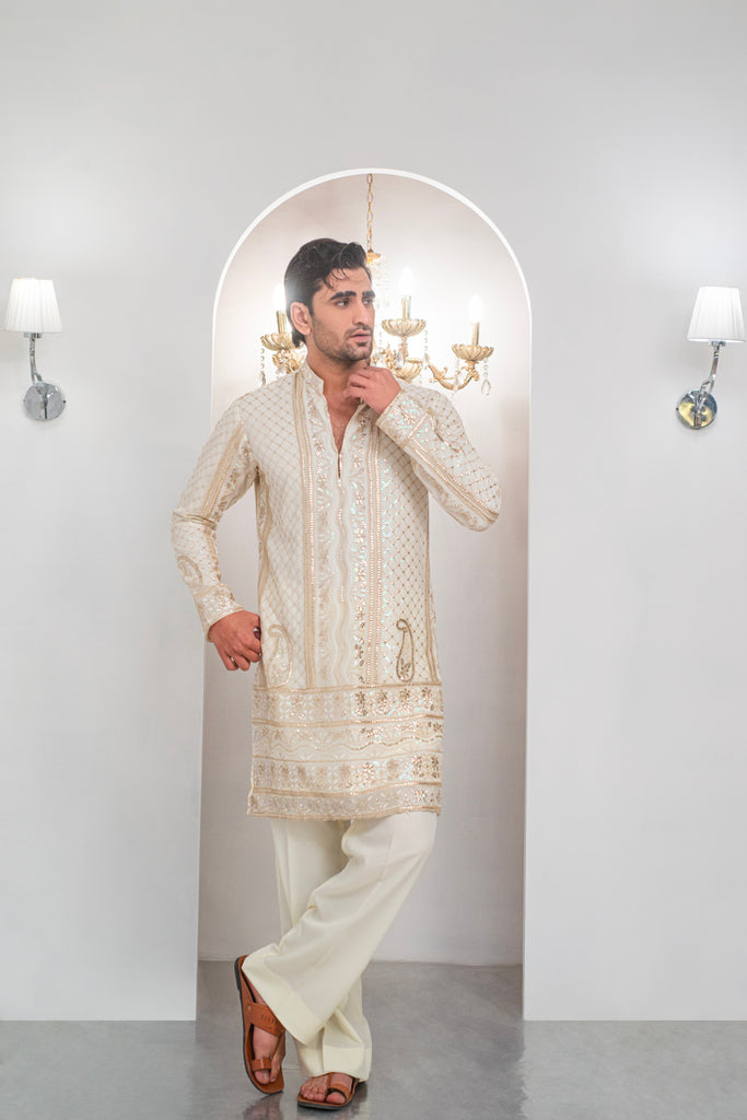 Cream Embroidered Kurta With Bell Bottom Pajama For Men's