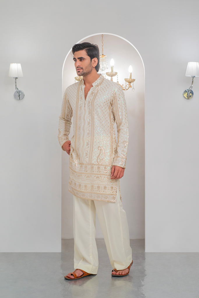 Cream Embroidered Kurta With Bell Bottom Pajama For Men's