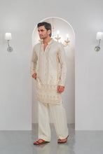 Load image into Gallery viewer, Cream Embroidered Kurta With Bell Bottom Pajama For Men's