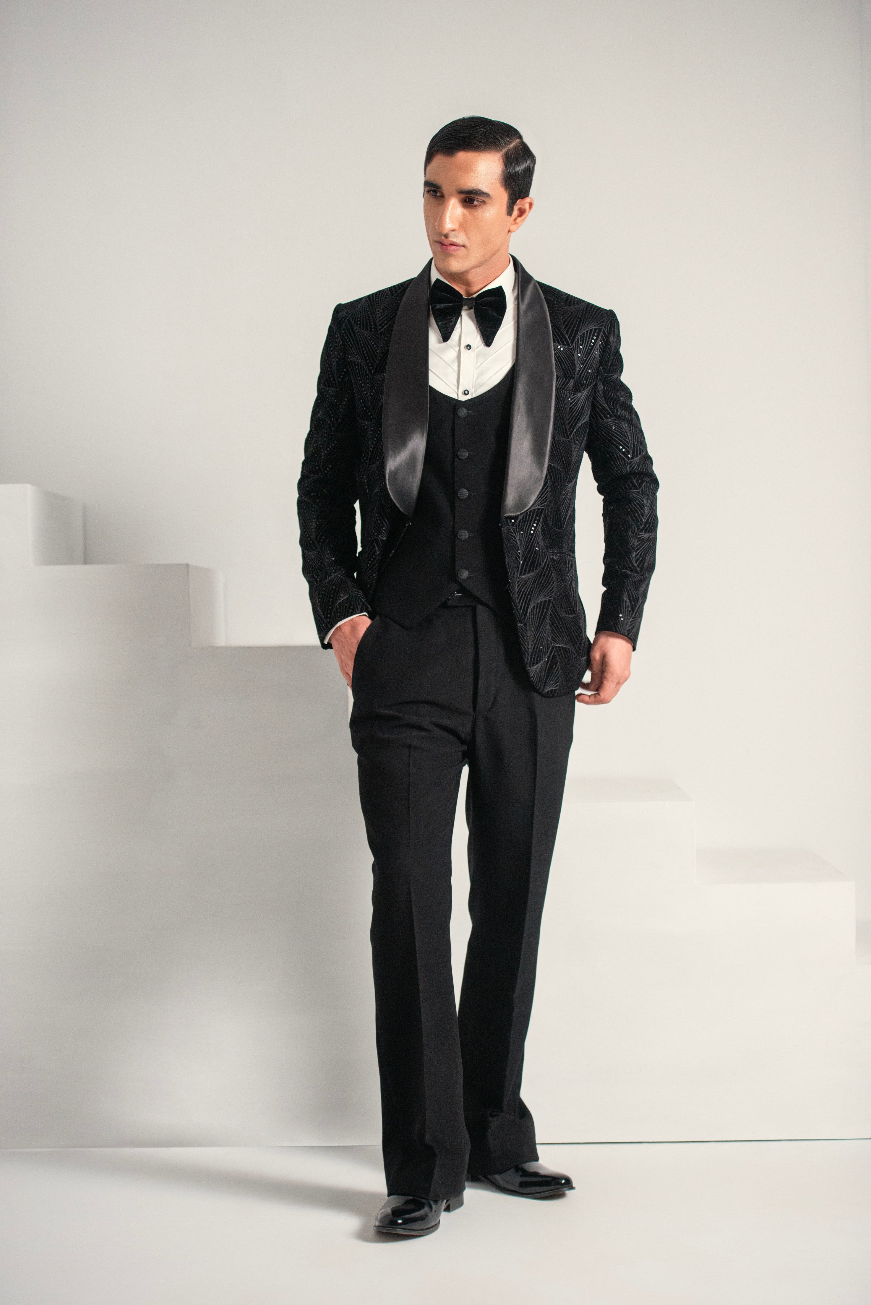 Black Velvet Embroidery Tuxedo Coat Pant & Waistcoat For Men's Main image