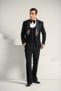 Black Velvet Embroidery Tuxedo Coat Pant & Waistcoat For Men's