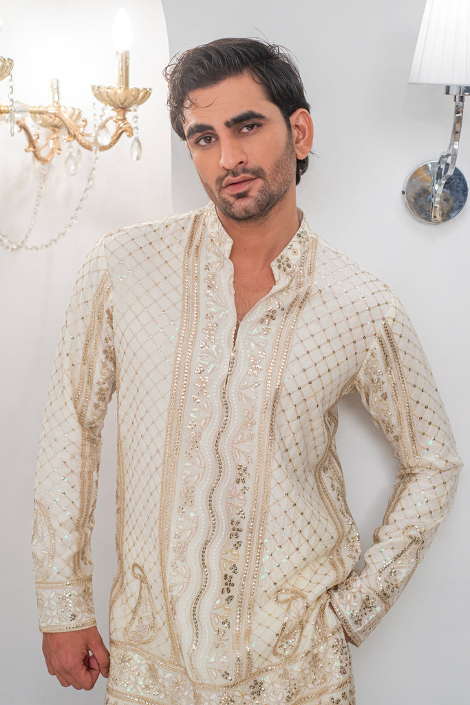 Cream Embroidered Kurta With Bell Bottom Pajama For Men's