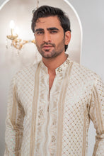Load image into Gallery viewer, Cream Embroidered Kurta With Bell Bottom Pajama For Men's