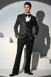 Black Embroidery Tuxedo Coat Pant & Waistcoat For Men's