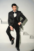 Black Embroidery Tuxedo Coat Pant & Waistcoat For Men's