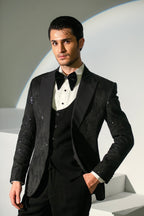 Black Embroidery Tuxedo Coat Pant & Waistcoat For Men's