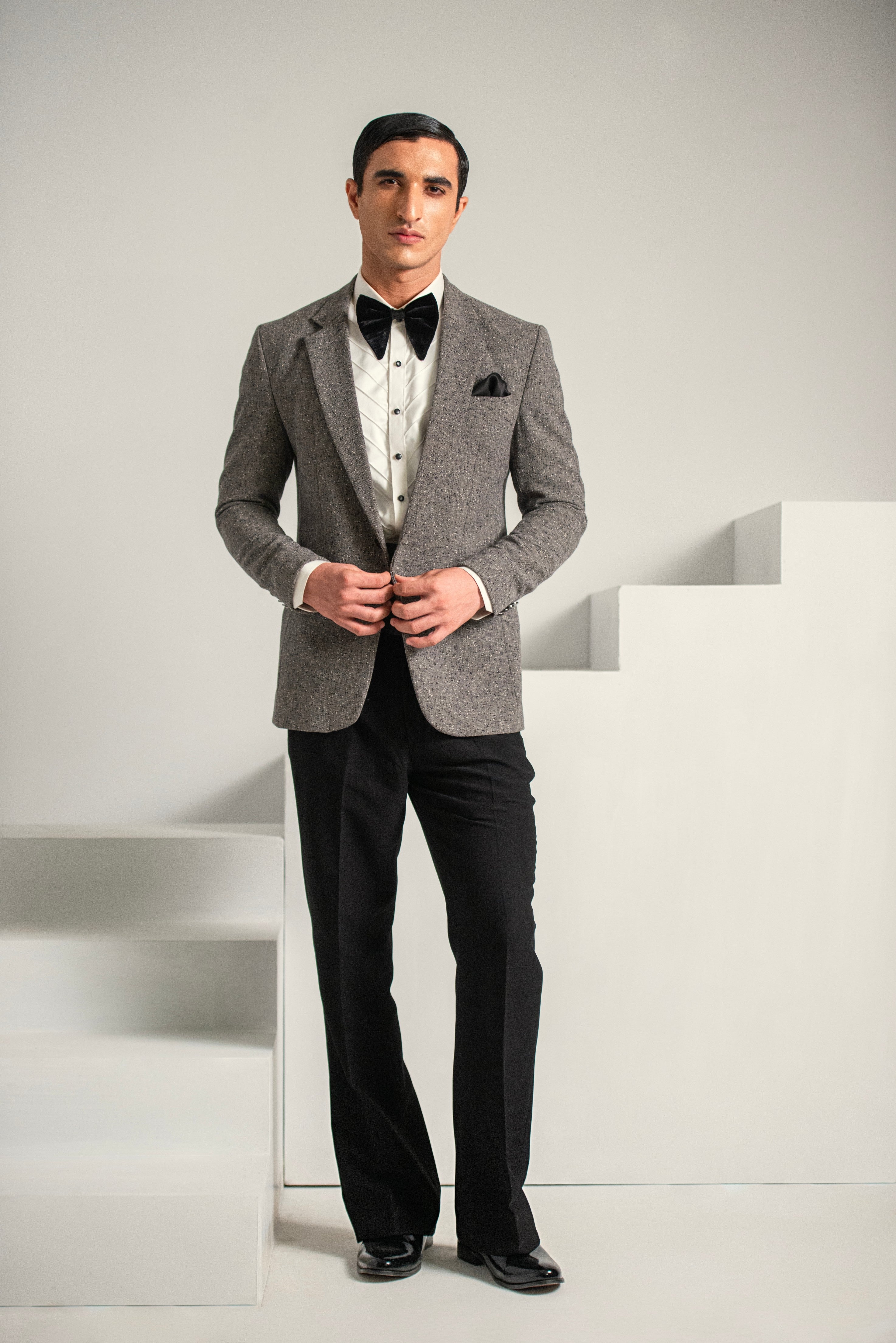 Grey Texture Coat & Black Bell Bottom Pant For Men's Main image