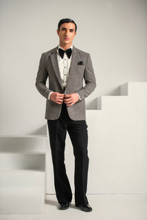 Grey Texture Coat & Black Bell Bottom Pant For Men's